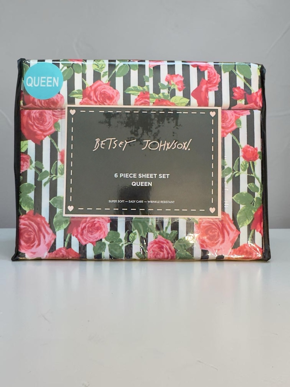Betsey Johnson Queen 6 Piece Sheet Set Black White Stripe Roses NIP